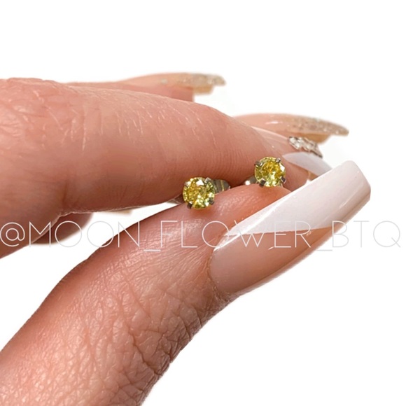 4mm Yellow CZ Stud Earrings | Stainless Steel Hypoallergenic Piercing Jewelry - Picture 3 of 7